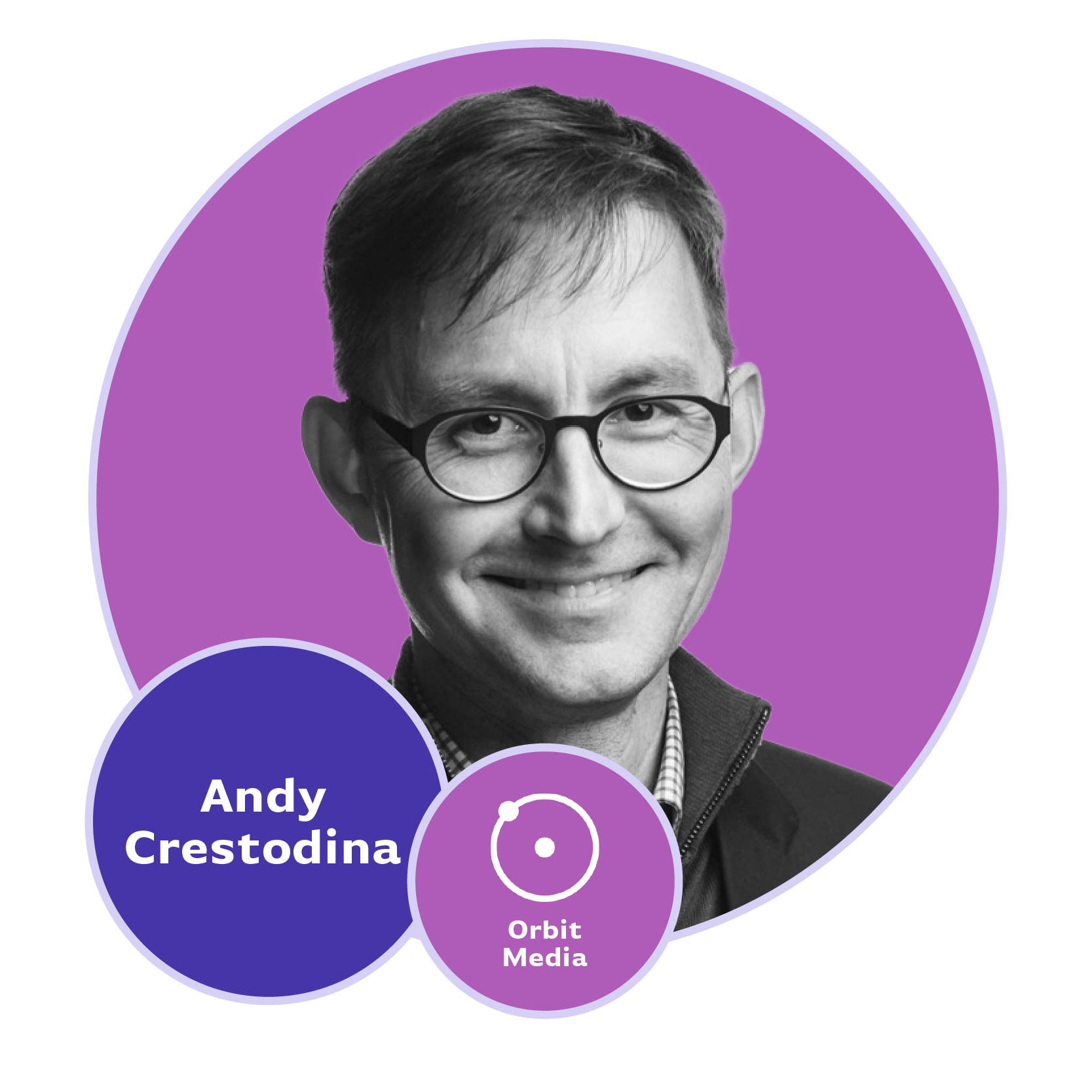 Headshot graphic of Andy Crestodina in a circle with his name and company title, Orbit Media